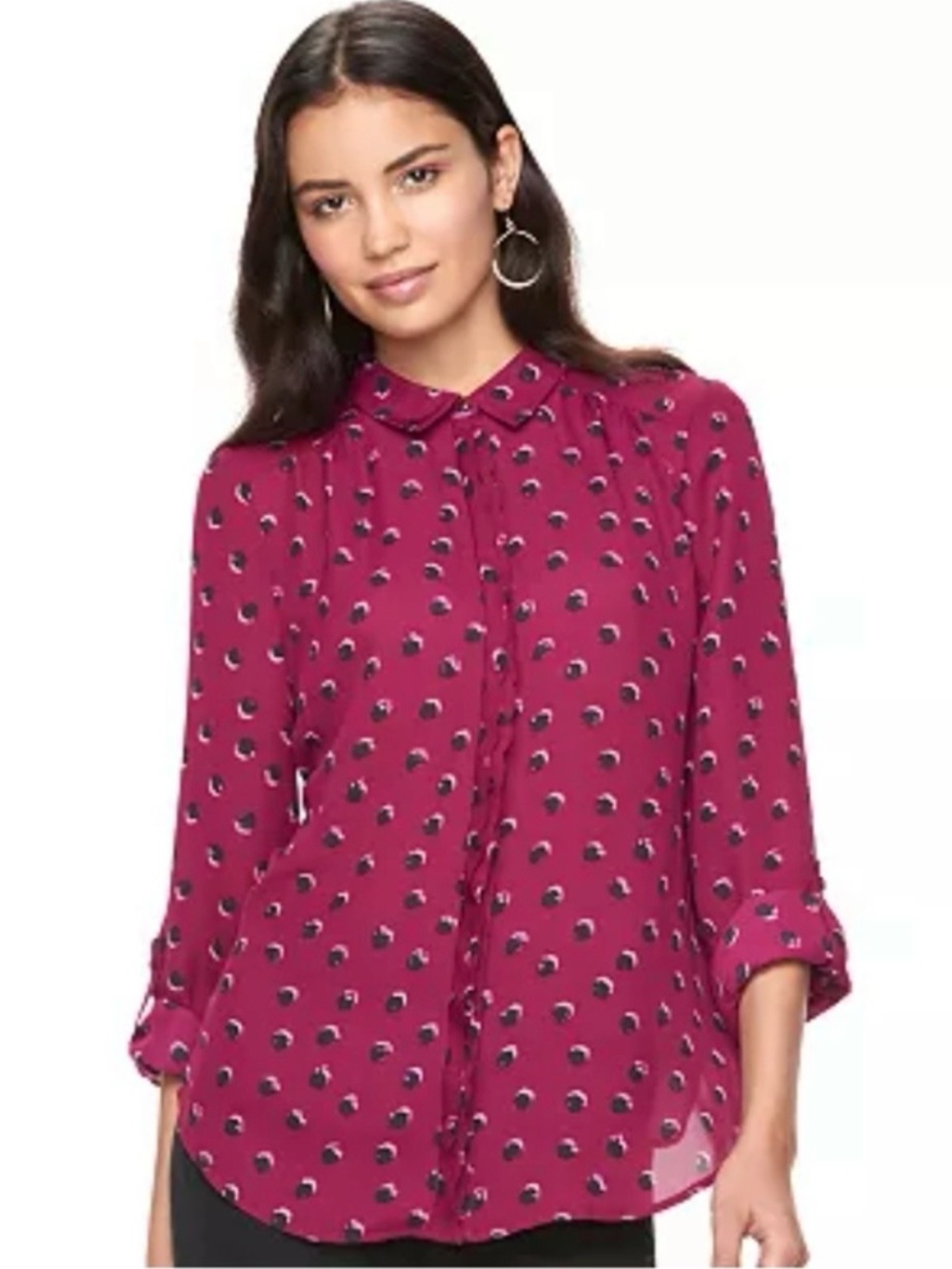 Elle Burgundy Wine Dressy Blouse Size L Hidden Button Down Semi Sheer Polka Dot